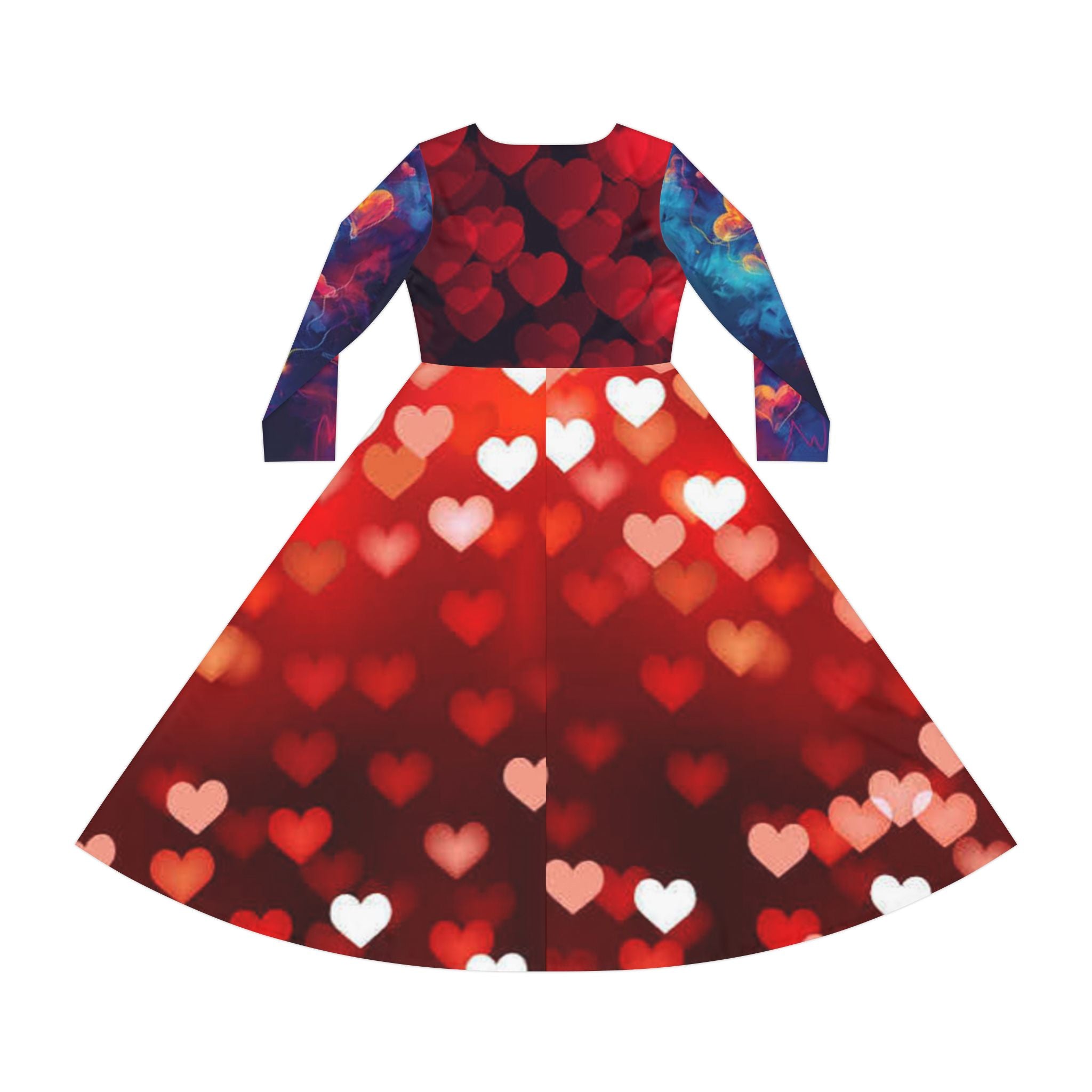 Women's Long Sleeve Dance Dress – Red Bokeh Heart Print | Valentine's Party & Performance Dress