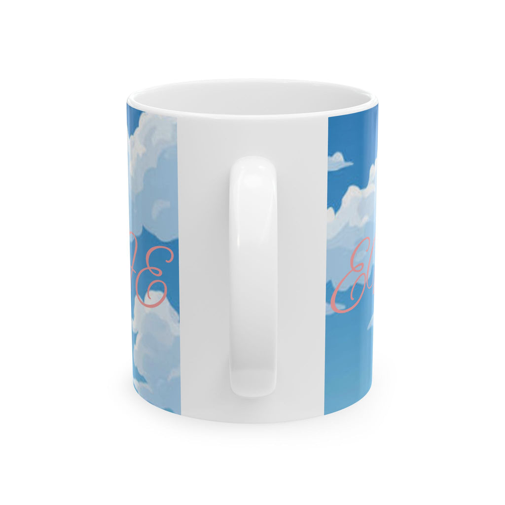 Cloud Pattern Ceramic Mug — Sky Blue Clouds with Pink Script "JOY"