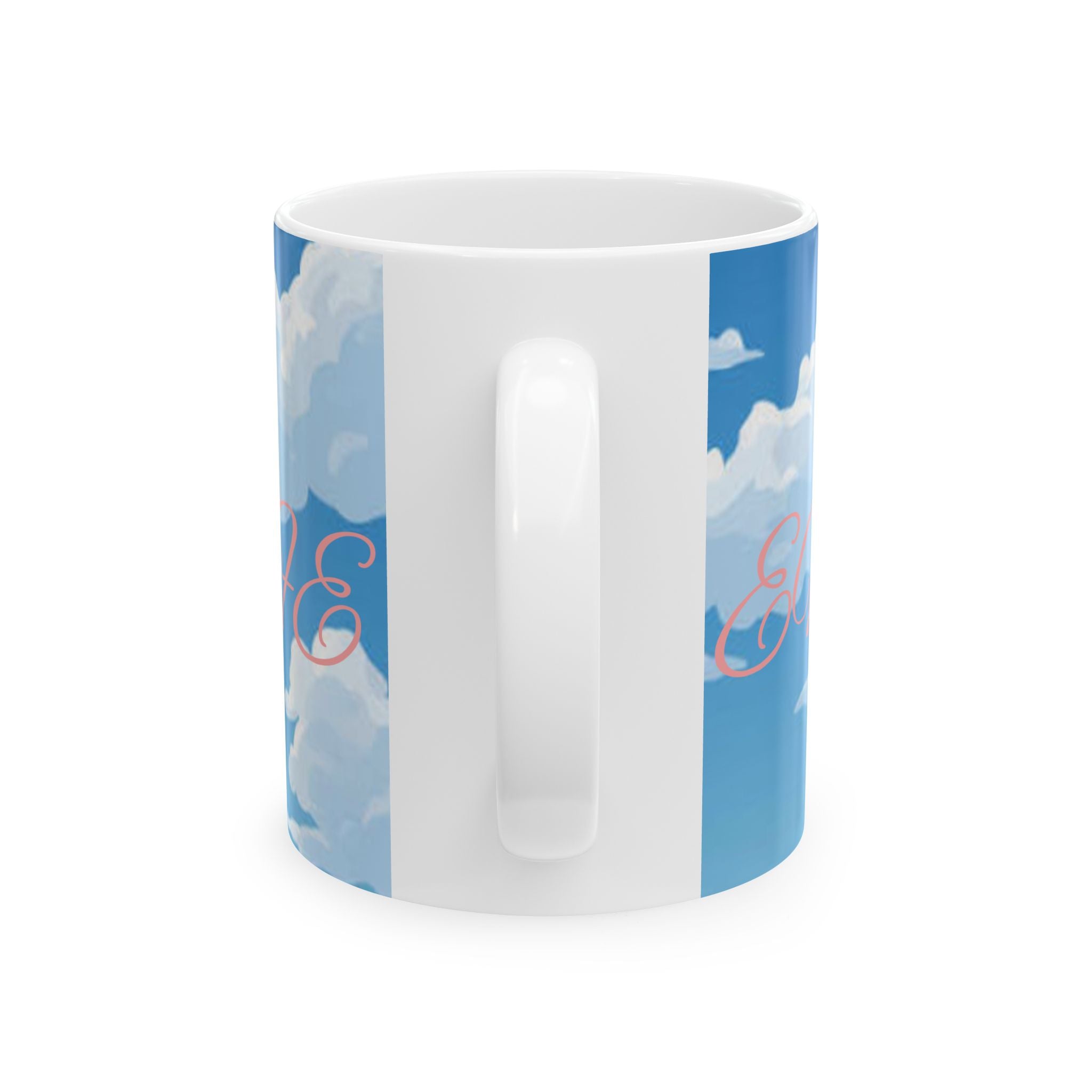 Cloud Pattern Ceramic Mug — Sky Blue Clouds with Pink Script "JOY"