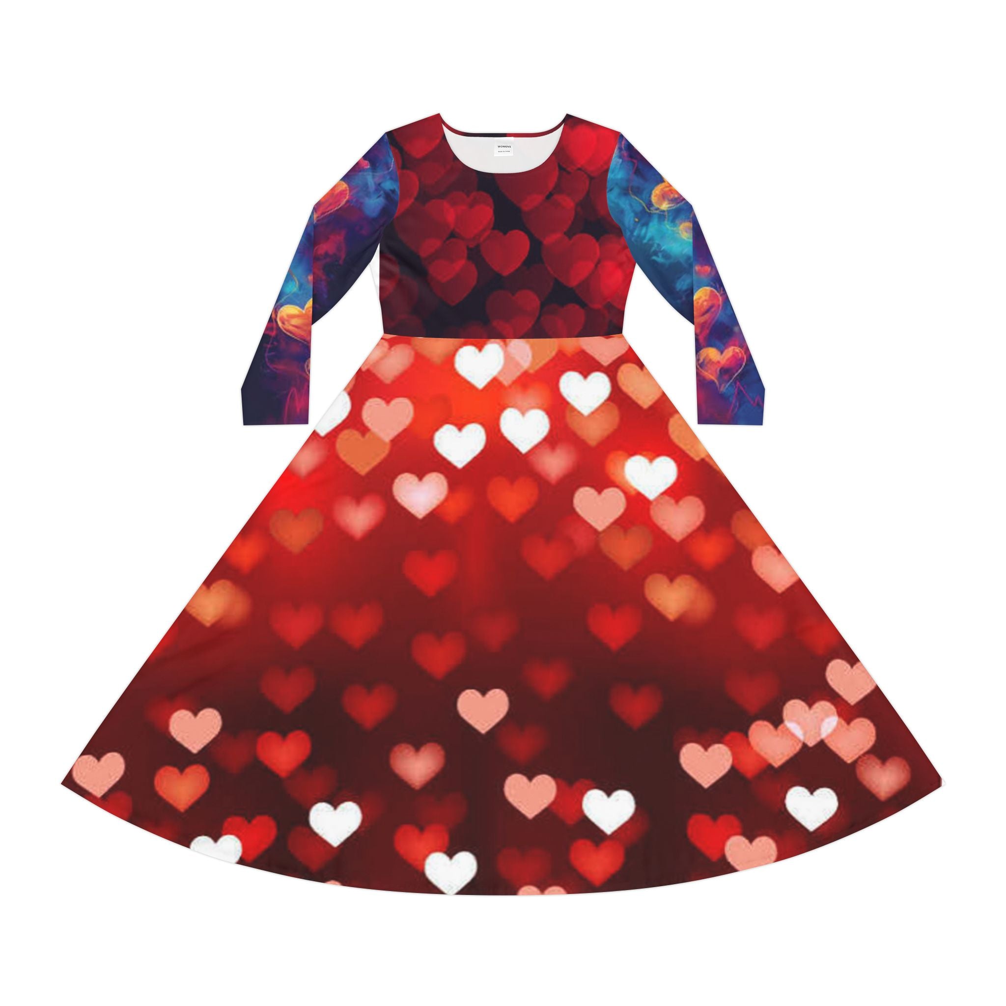 Women's Long Sleeve Dance Dress – Red Bokeh Heart Print | Valentine's Party & Performance Dress