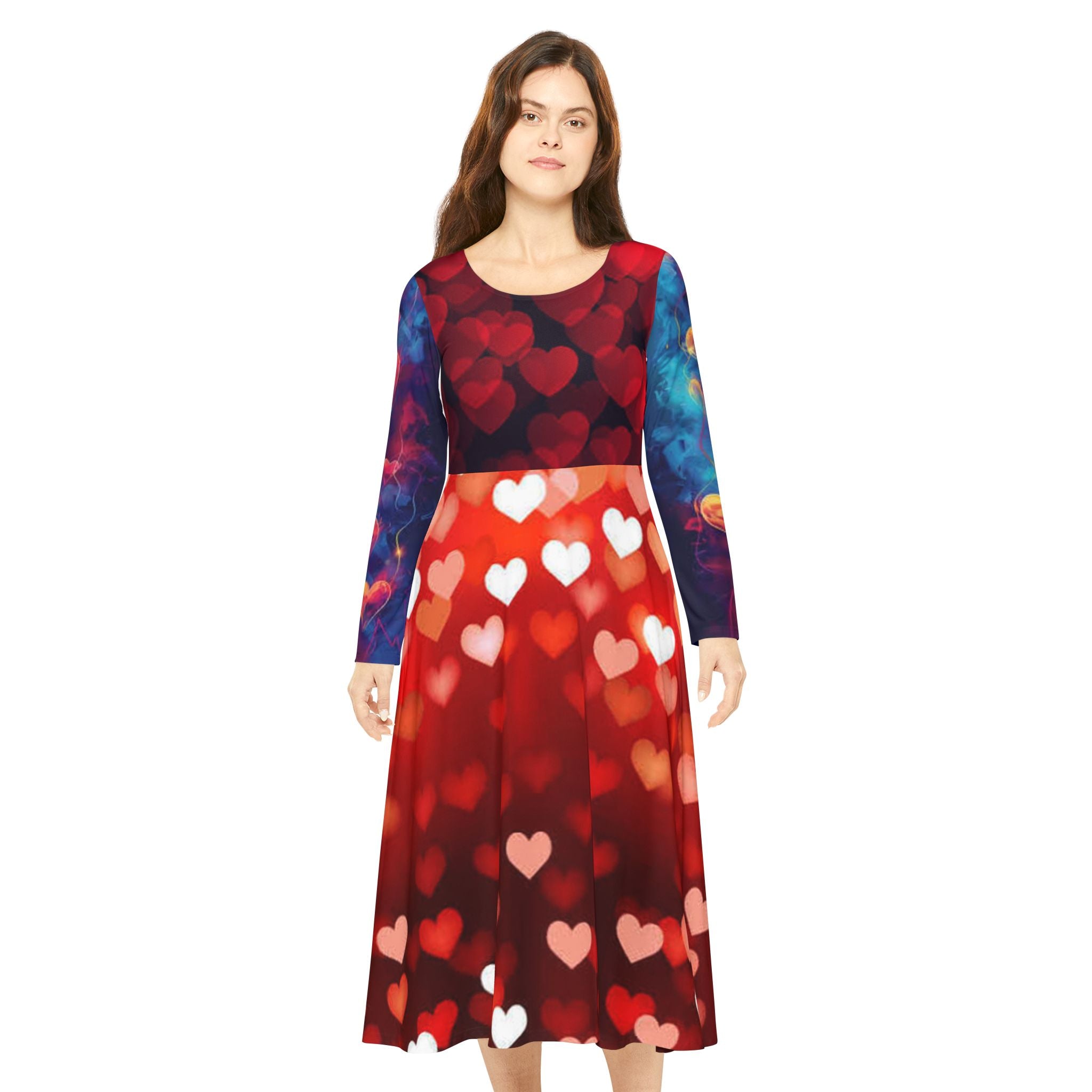 Women's Long Sleeve Dance Dress – Red Bokeh Heart Print | Valentine's Party & Performance Dress