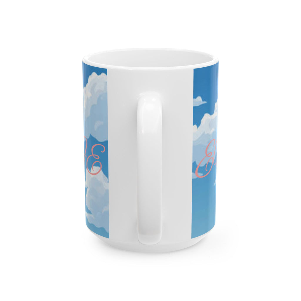 Cloud Pattern Ceramic Mug — Sky Blue Clouds with Pink Script "JOY"