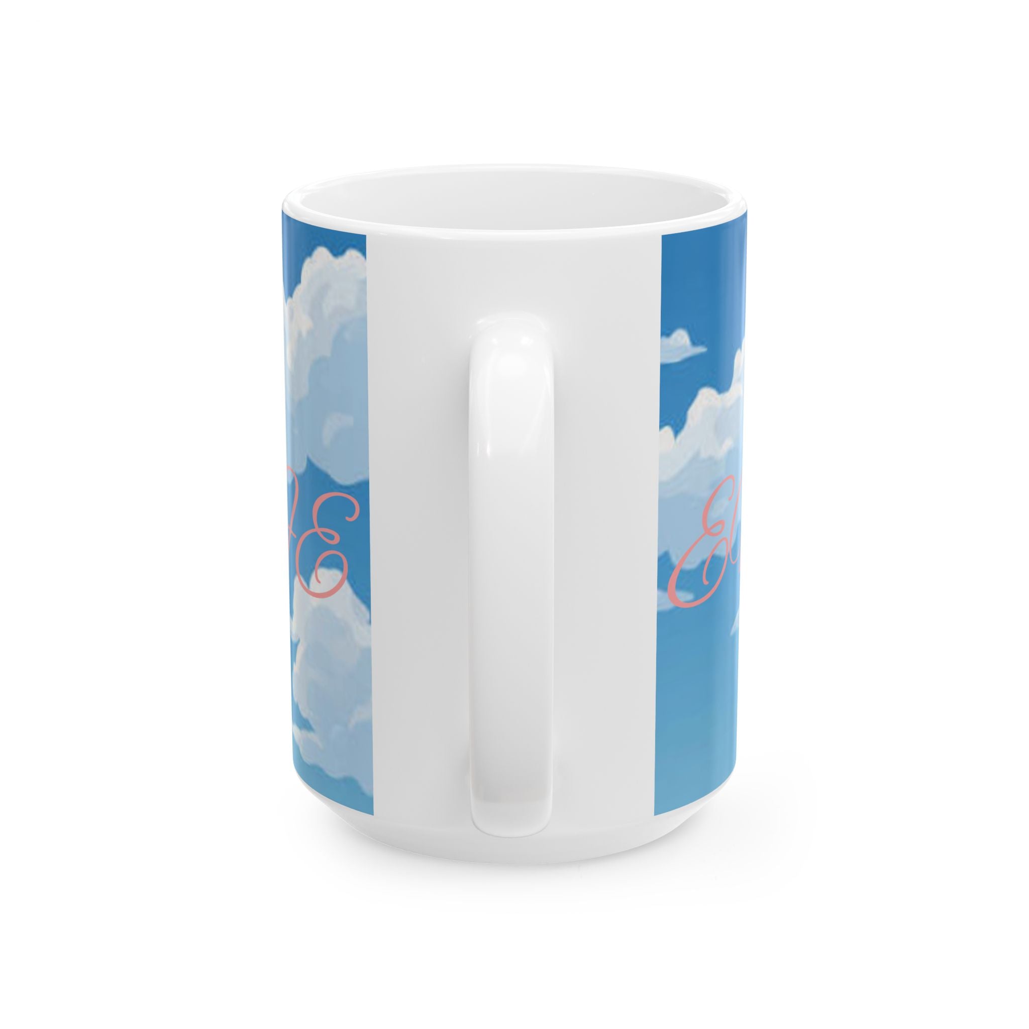 Cloud Pattern Ceramic Mug — Sky Blue Clouds with Pink Script "JOY"