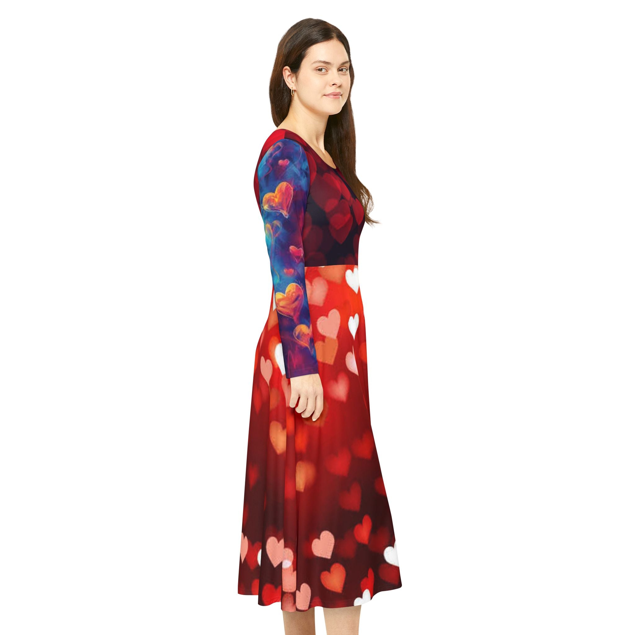 Women's Long Sleeve Dance Dress – Red Bokeh Heart Print | Valentine's Party & Performance Dress