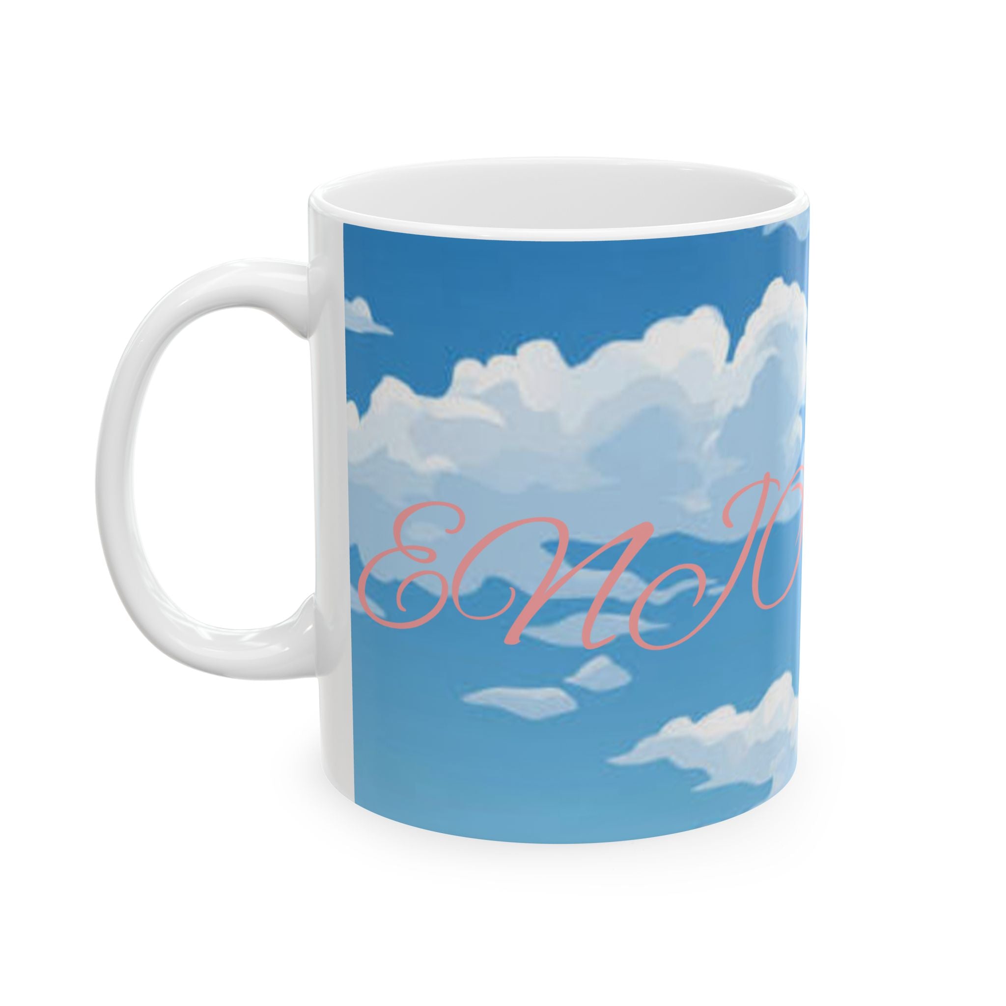 Cloud Pattern Ceramic Mug — Sky Blue Clouds with Pink Script "JOY"