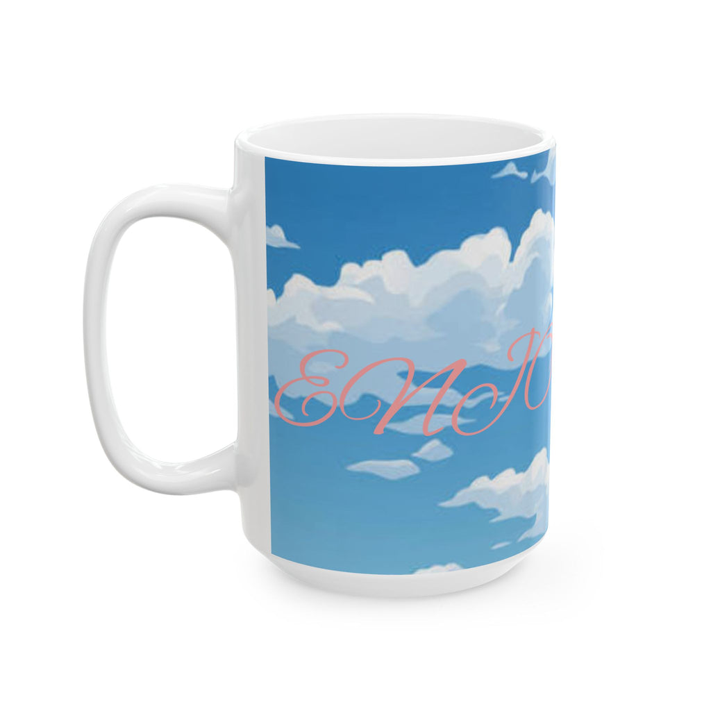 Cloud Pattern Ceramic Mug — Sky Blue Clouds with Pink Script "JOY"