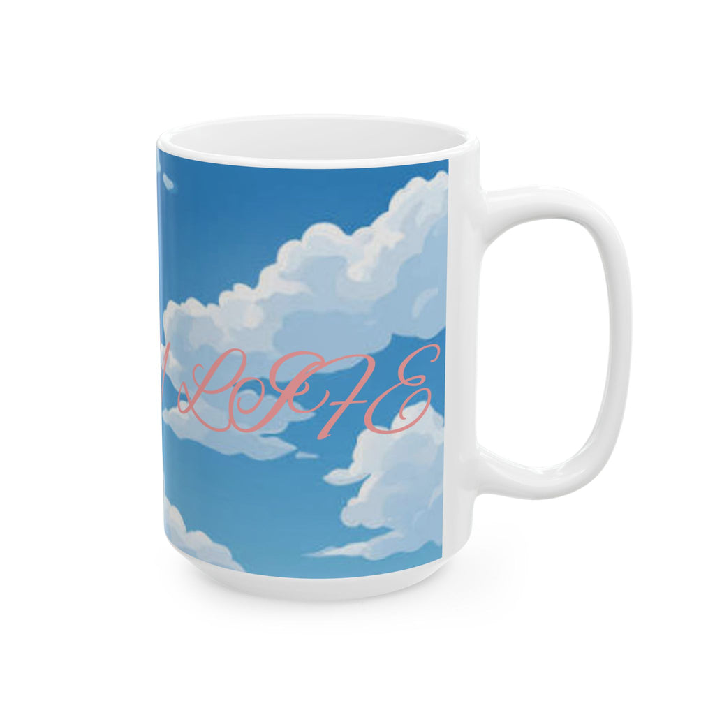 Cloud Pattern Ceramic Mug — Sky Blue Clouds with Pink Script "JOY"