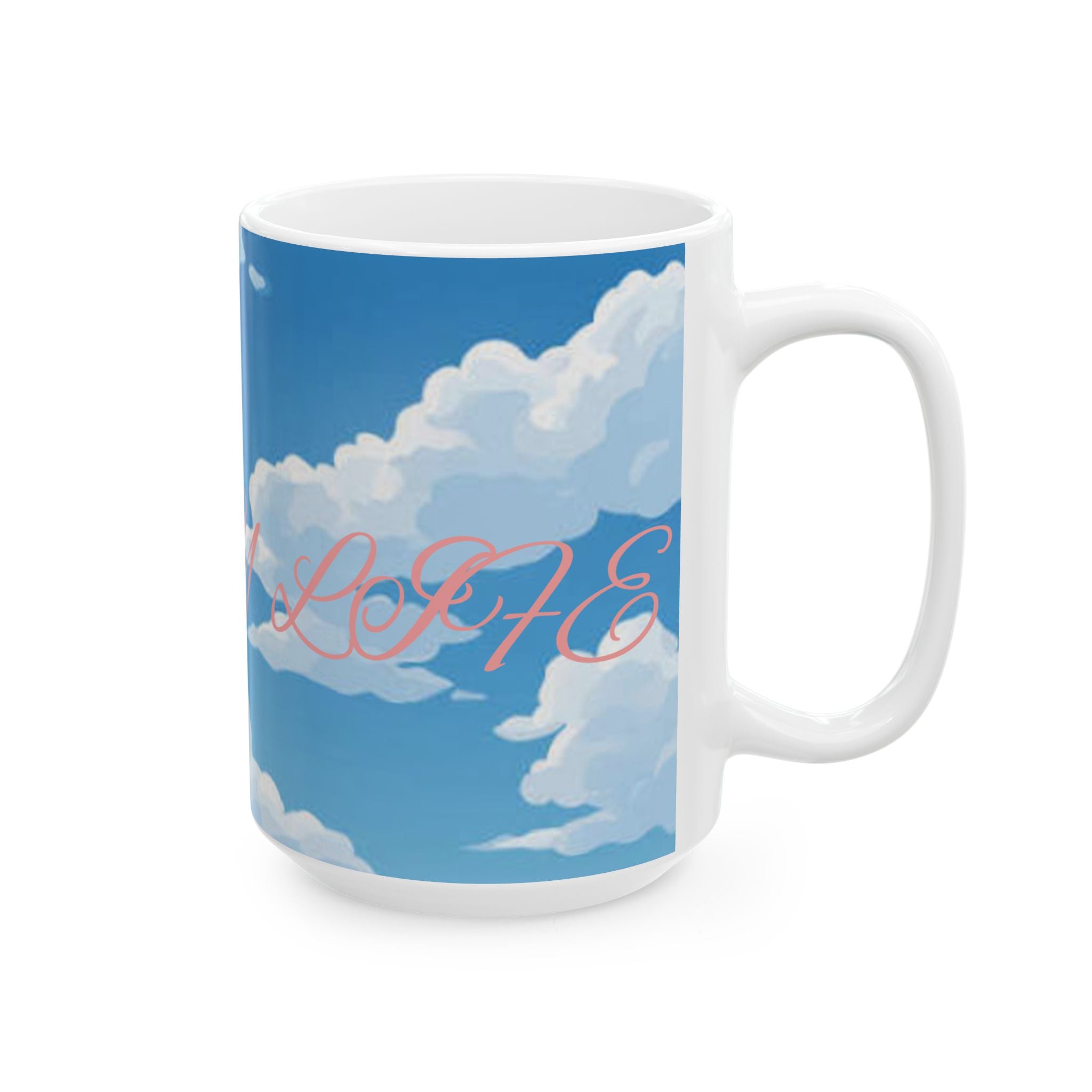 Cloud Pattern Ceramic Mug — Sky Blue Clouds with Pink Script "JOY"