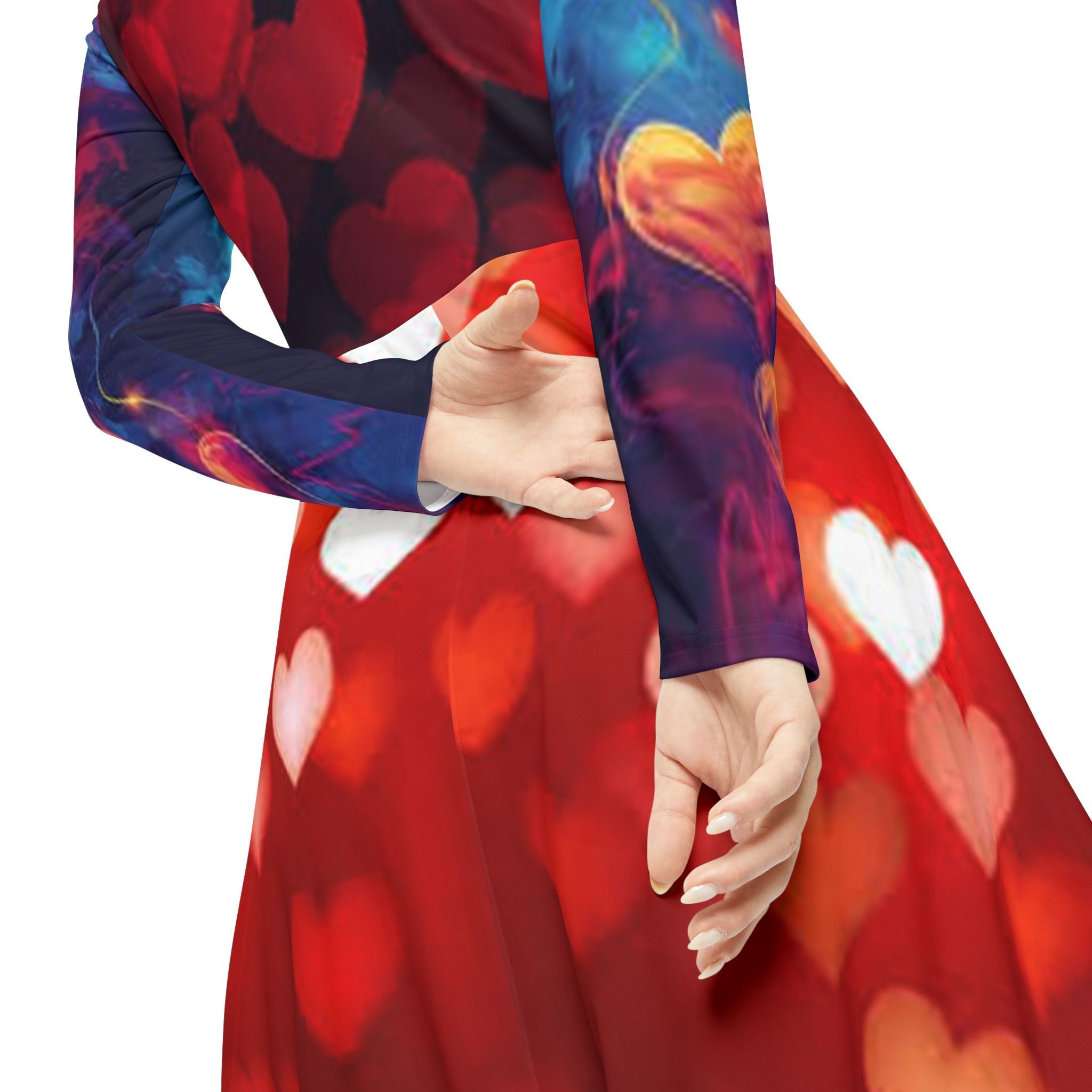 Women's Long Sleeve Dance Dress – Red Bokeh Heart Print | Valentine's Party & Performance Dress