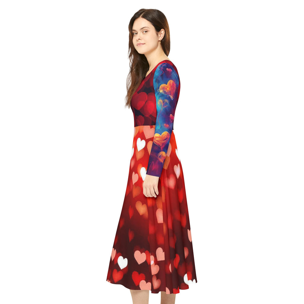 Women's Long Sleeve Dance Dress – Red Bokeh Heart Print | Valentine's Party & Performance Dress