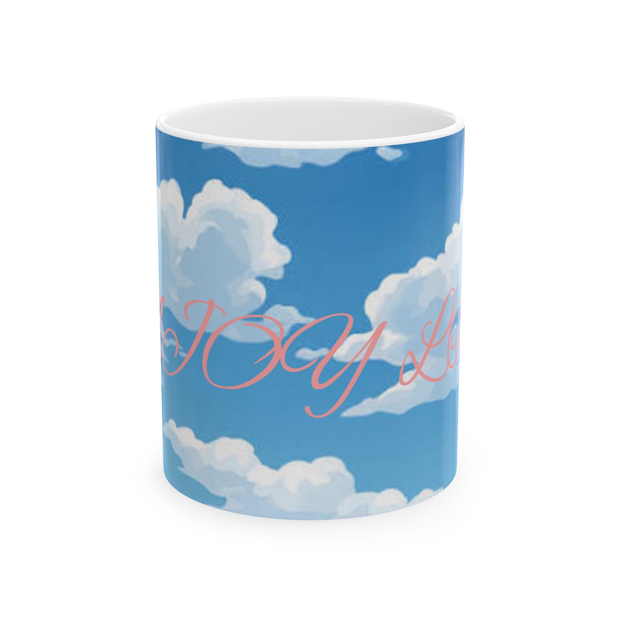Cloud Pattern Ceramic Mug — Sky Blue Clouds with Pink Script "JOY"