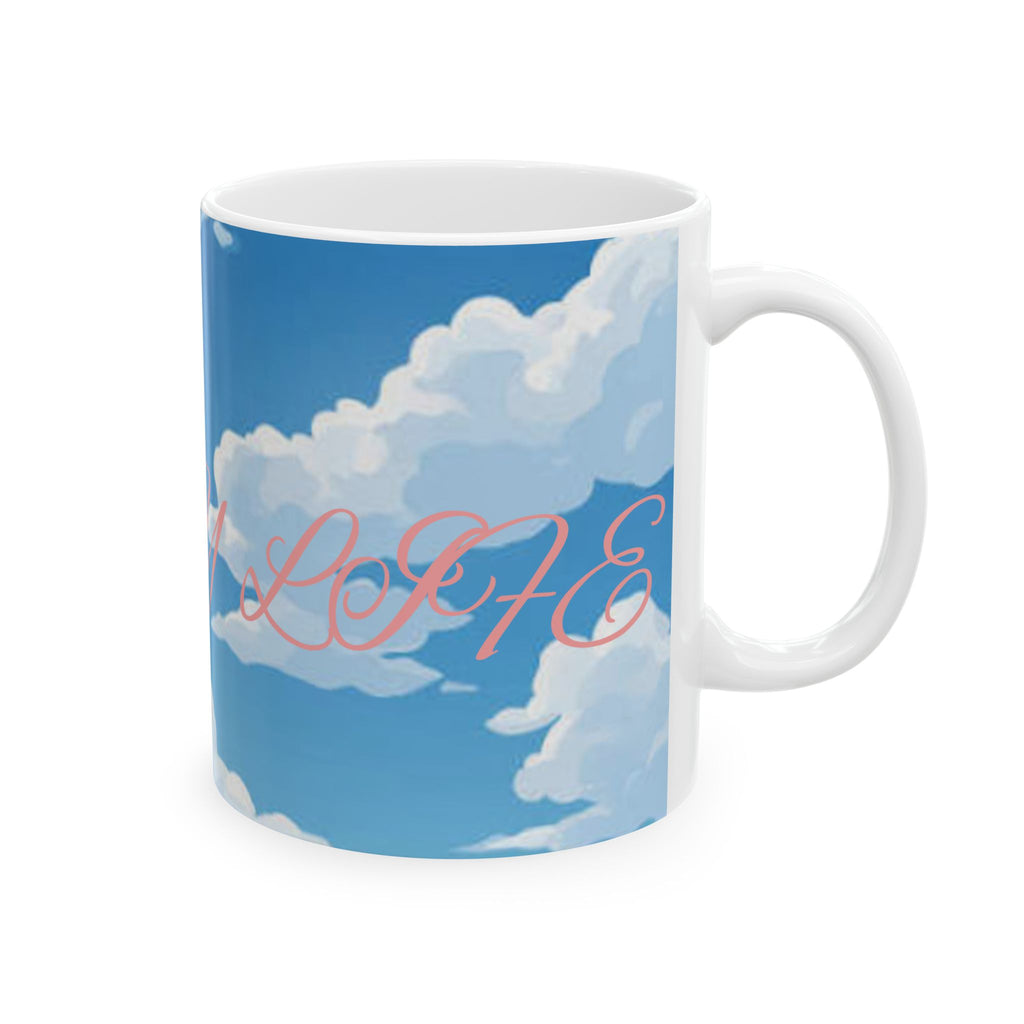 Cloud Pattern Ceramic Mug — Sky Blue Clouds with Pink Script "JOY"