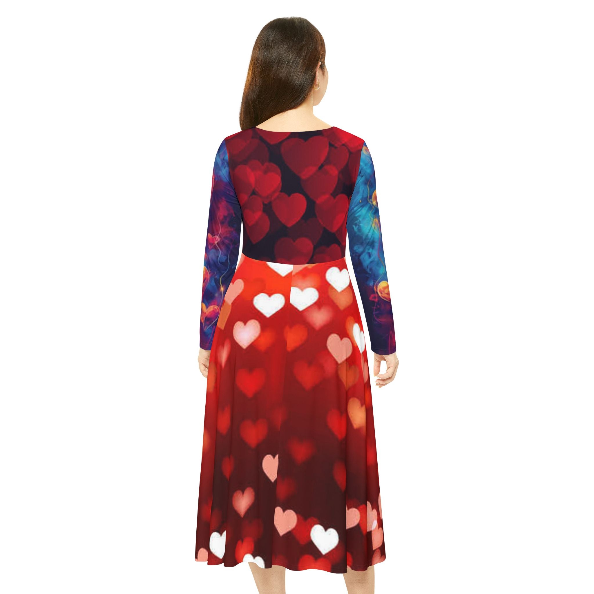 Women's Long Sleeve Dance Dress – Red Bokeh Heart Print | Valentine's Party & Performance Dress