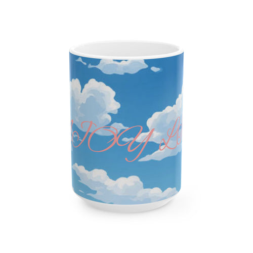 Cloud Pattern Ceramic Mug — Sky Blue Clouds with Pink Script "JOY"